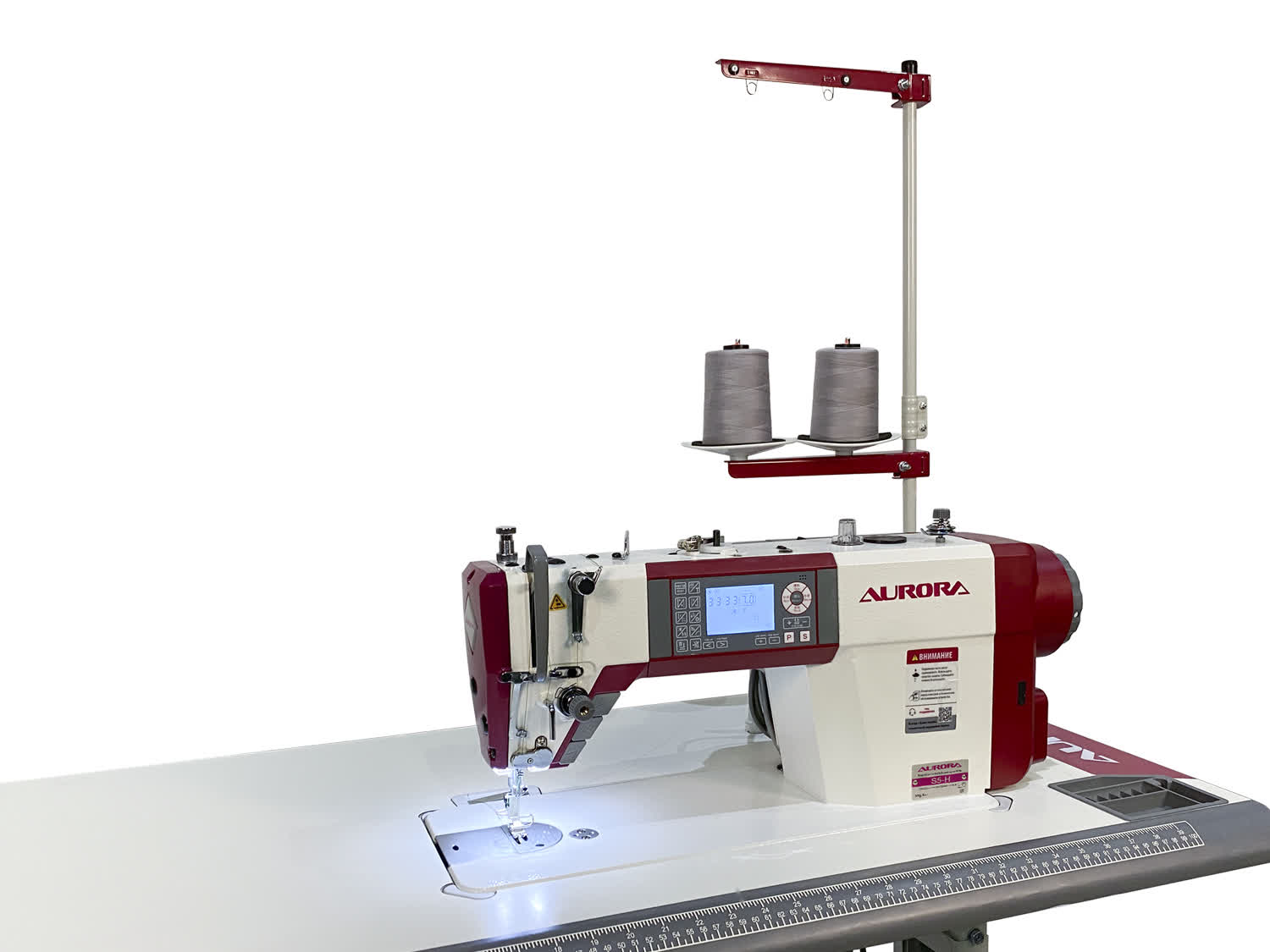 Прямострочная промышленная швейная машина Aurora S5-H для средних и тяжелых материалов (дизайнерские строчки, прямой привод, позиционер иглы, обрезка и закрепка нити)