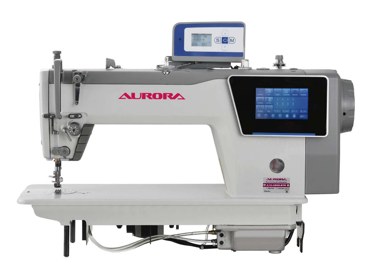 Интелектуальная промышленная швейная машина Aurora A-12-AMH2-BTD (AI-система, датчик шпульной нити, рукав 310 мм, два шаговых мотора, два подвижных ножа, закрытая смазка)